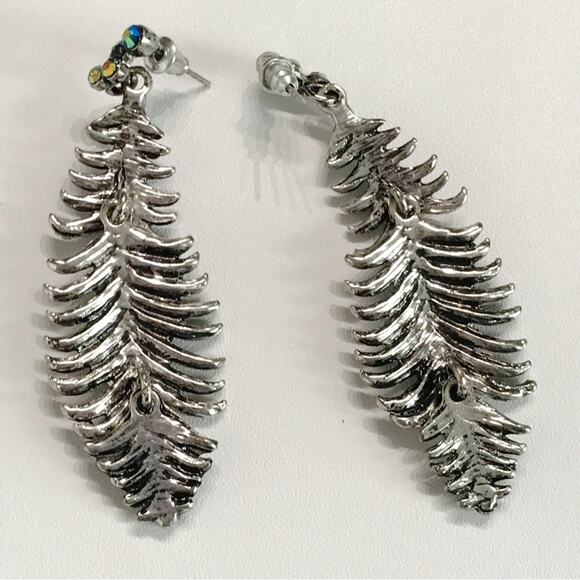 Silver Tone Articulated AB Blue Rhinestone Dangle Feather Earrings Pierced Long - Picture 7 of 9